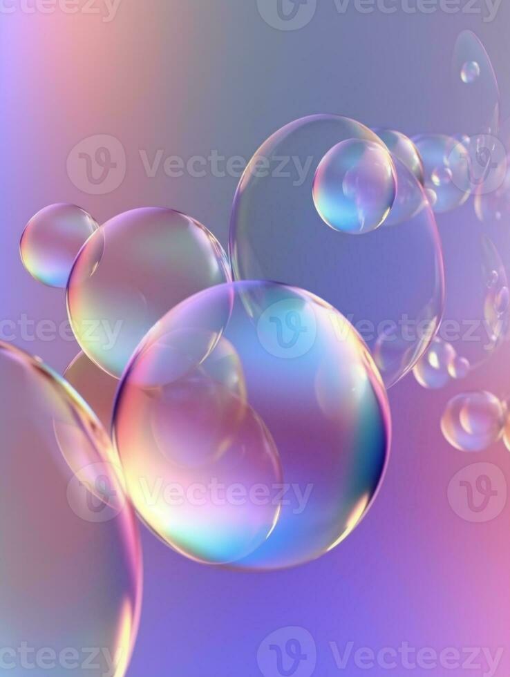 Transparent soap bubbles floating on blue pink gradient background. Created with Generative AI technology photo