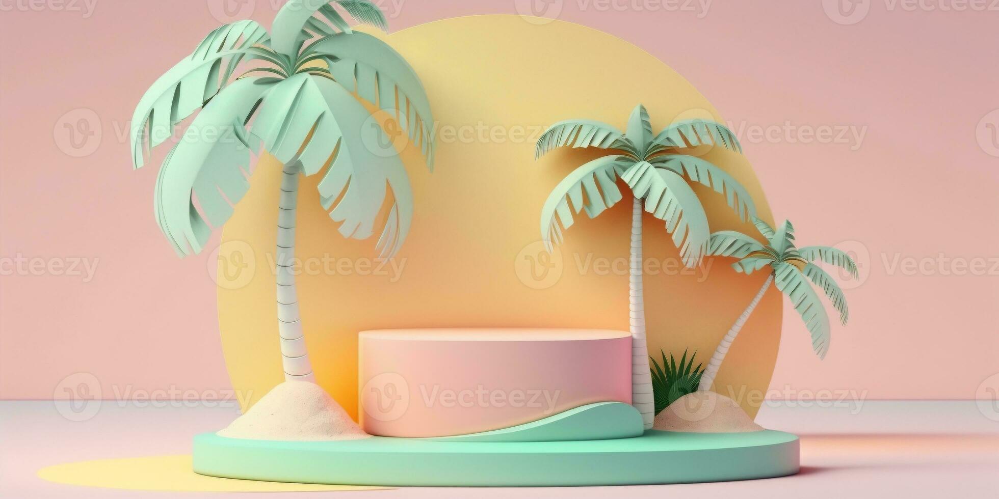Beach vacation theme display podium background with paper art style palm trees. Created with Generative AI technology photo