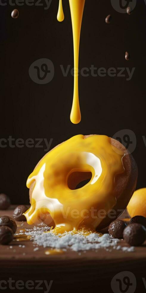 Appetizing doughnut with icing drizzle on top. Created with Generative AI technology photo