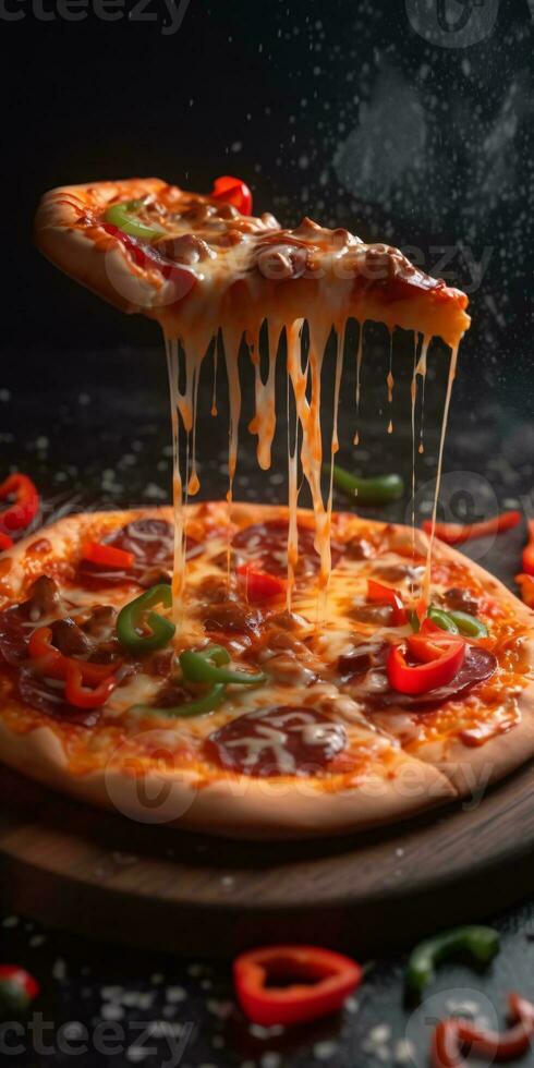 Pizza slice with cheese pull floating on top of a whole pizza. Created with Generative AI technology photo