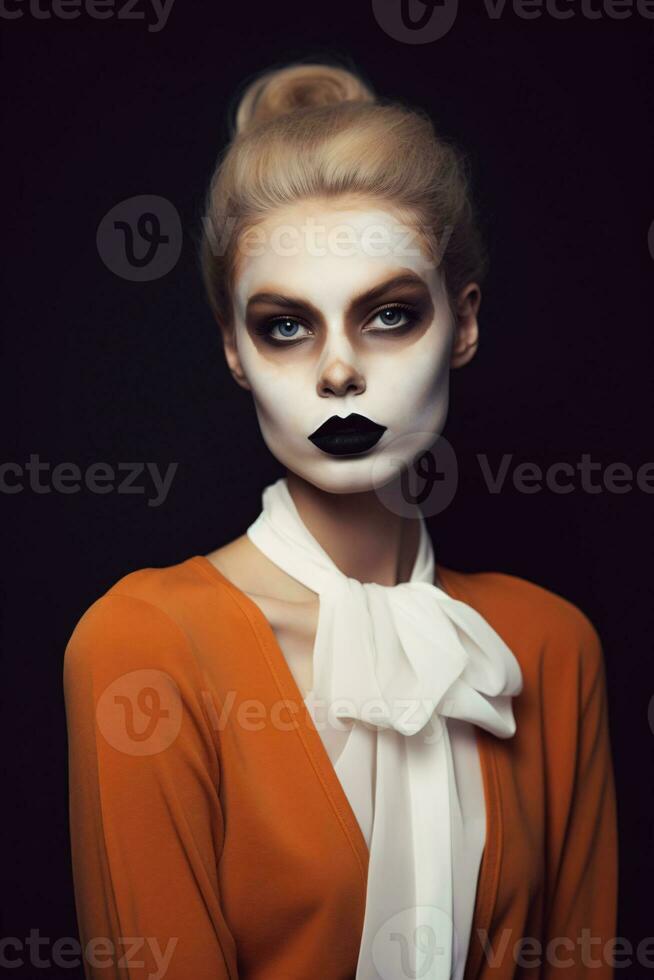 Blonde woman with dramatic makeup and black lips. Created with Generative AI technology photo