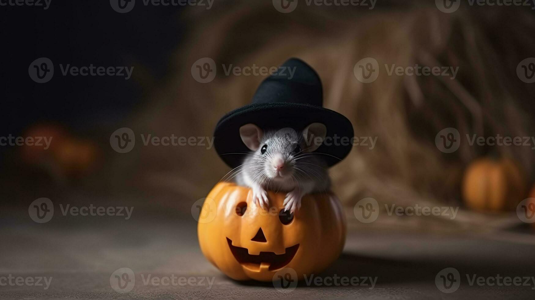 Rat in witch hat sitting on top of a carved jack o lantern pumpkin. Created with Generative AI technology photo