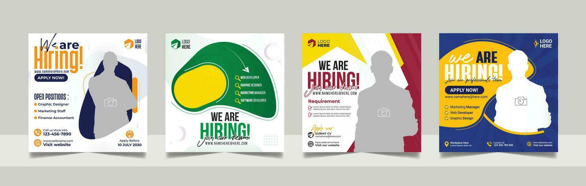 We are hiring job vacancy social media post template set. vacant recruitment marketing web banner square flyer design. vector