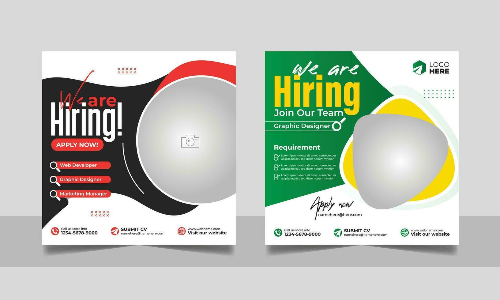 Hiring job vacancy post banner template set. Business we are hiring employee social media square flyer design. vector