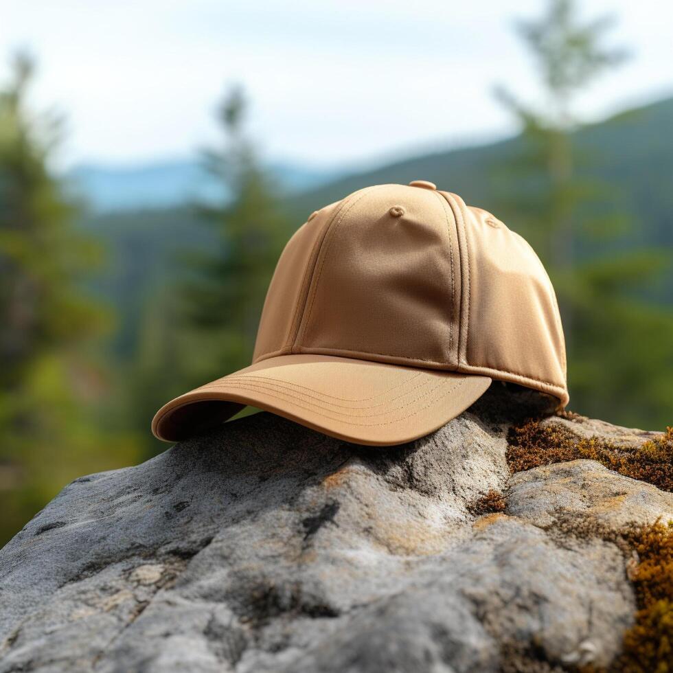 Photo of blank light brown baseball hat, ultra realistic, 8K, suitable to create hat mockup or cap mockup
