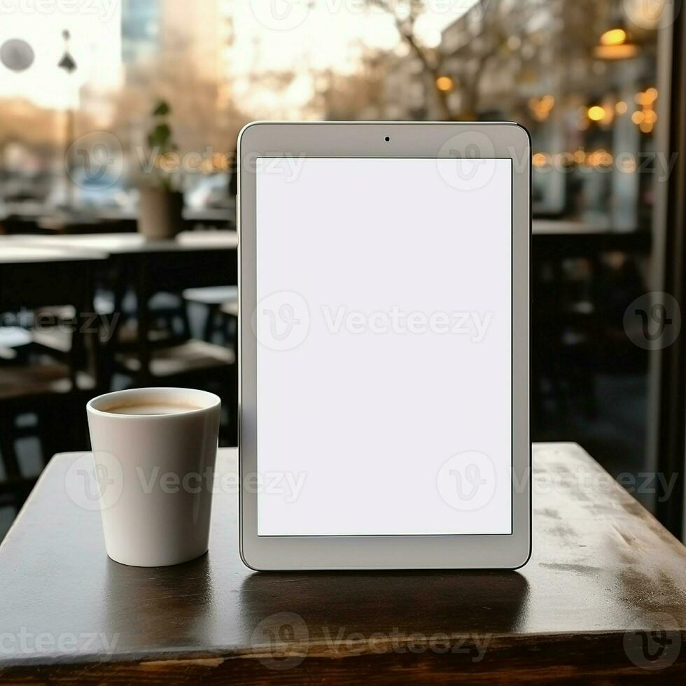 AI Generative High quality photo of big tablet with blank screen on the table, perfect to create mockup preview