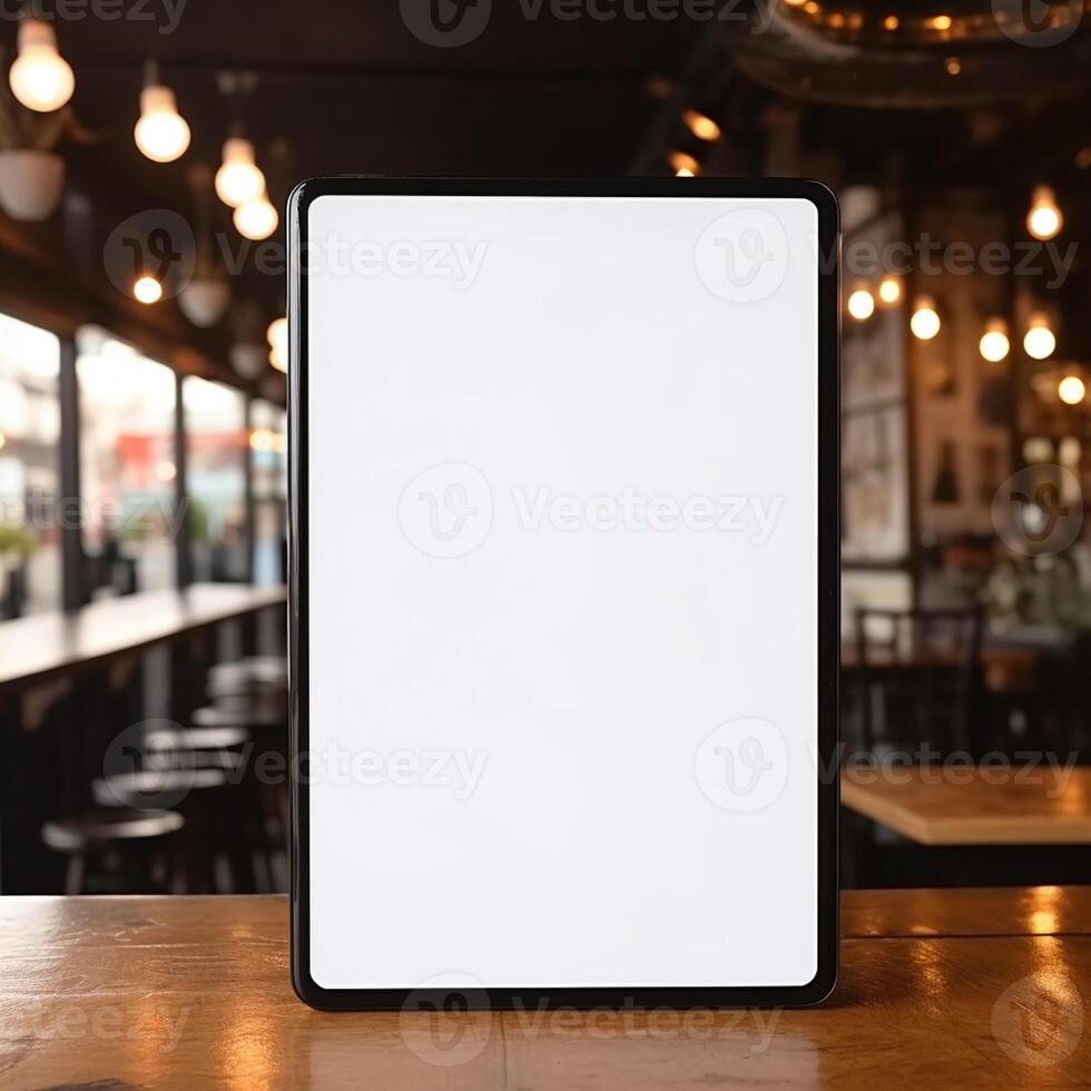 High quality photo of big tablet with blank screen on the table, perfect to create mockup preview