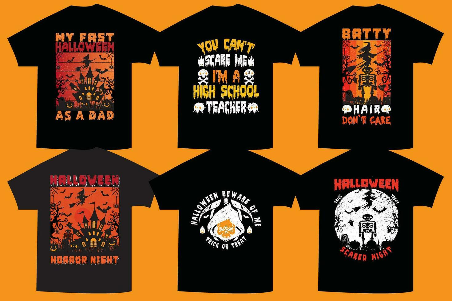 Top Six Halloween T-Shirt Design Bundle. Halloween t-shirt design bundle, easy to print all-purpose for men, women, and children  Vector