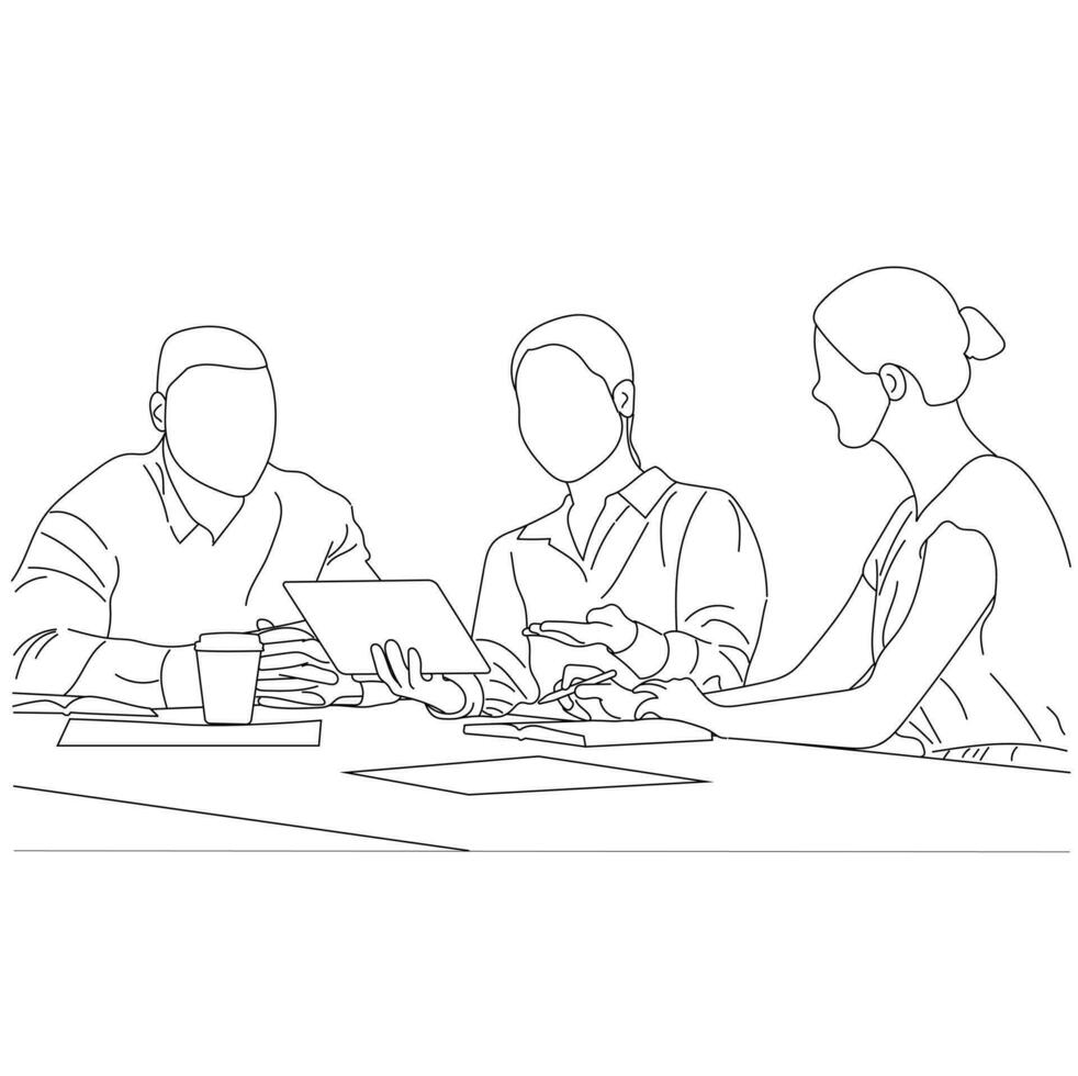 Office workers at business meeting. Business people having discussion in conference room Line art drawing isolated on white background. vector