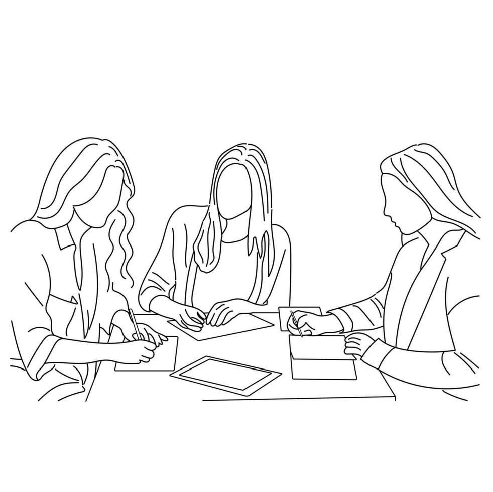 Office workers at business meeting. Business people having discussion in conference room Line art drawing isolated on white background. vector