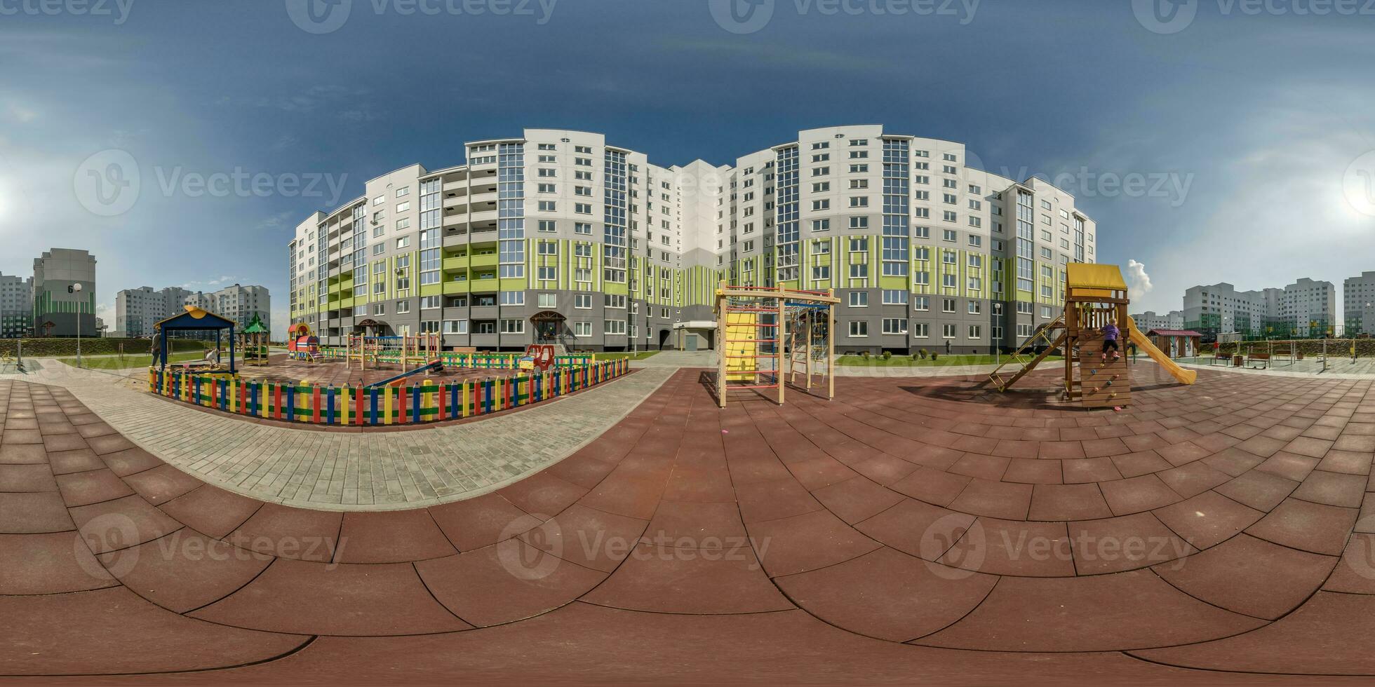 360 hdri panorama near playground in middle of modern multi-storey residential complex of urban development in equirectangular seamless spherical projection, AR VR content photo