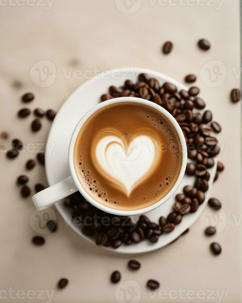 A Cup Of Coffee On A Saucer Surrounded By Coffee Beans. AI-Generated photo