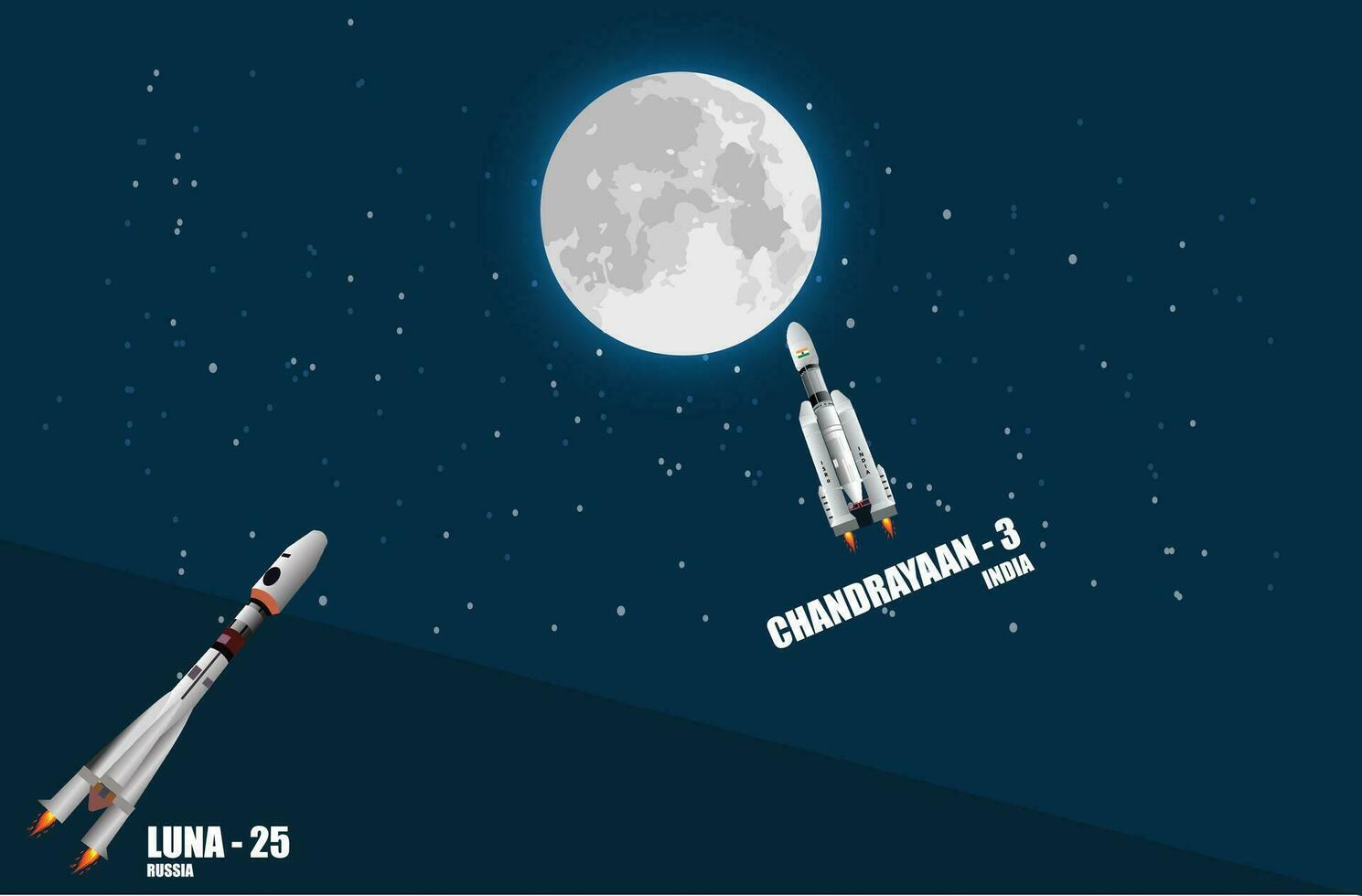 India Russia rocket to moon mission. Chandrayaan 3 rocket India. Luna 25 rocket Russia. vector