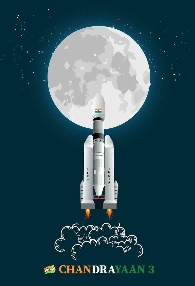 Chandrayaan indian rocket vector illustration.Chandrayaan rocket mission launched by India 2023 with tricolor Indian flag.Chandrayaan-3 Successful Launch Illustration - ISRO Moon Mission.