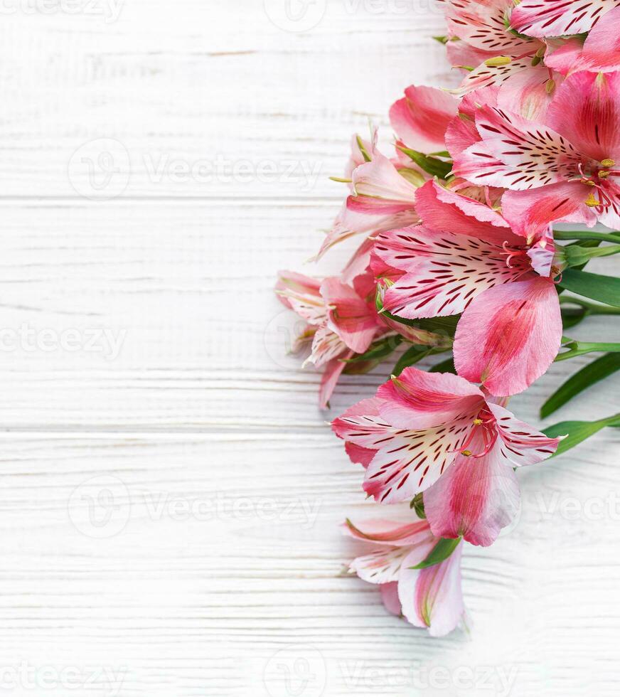 Beautiful Alstroemeria flowers on wooden background photo