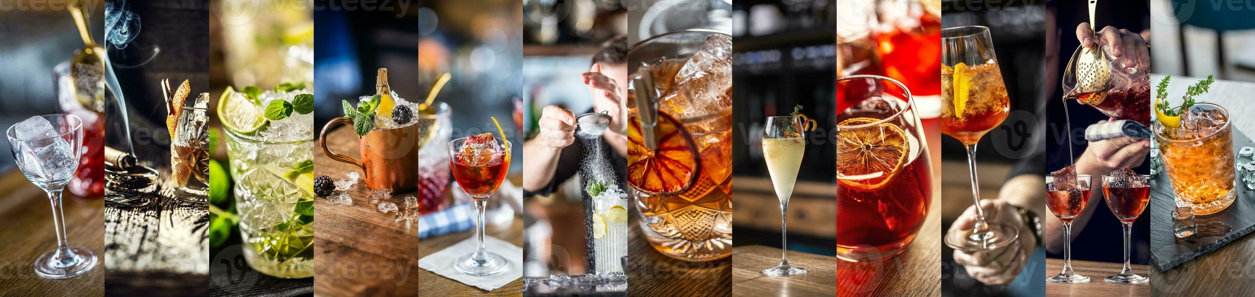 collage de varios cócteles en el mundo. mejor mezclado bebidas - antiguo pasado de moda mojito negroni daiquiri aperol rociar etc. conjunto 3 de 3 foto