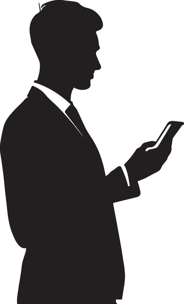 Business man Stand with cellphone vector silhouette