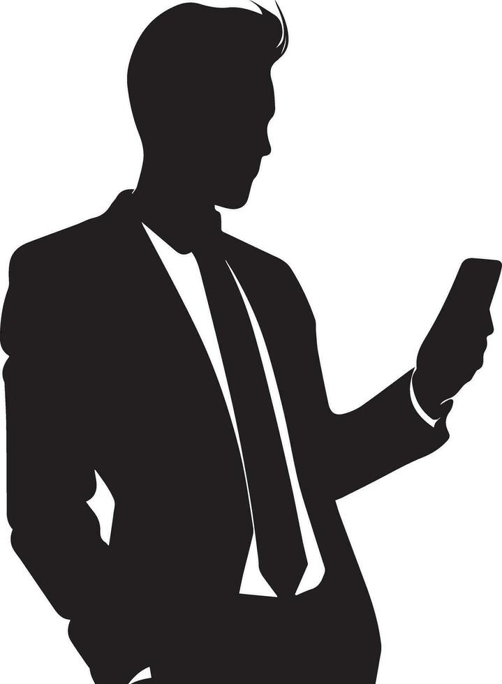 Business man Stand with cellphone vector silhouette