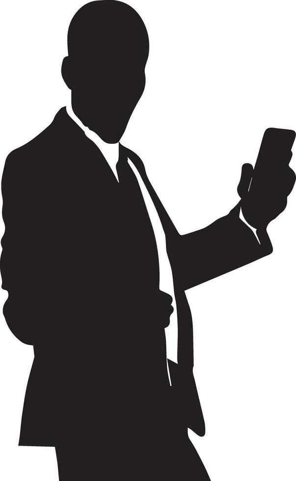 Business man Stand with cellphone vector silhouette