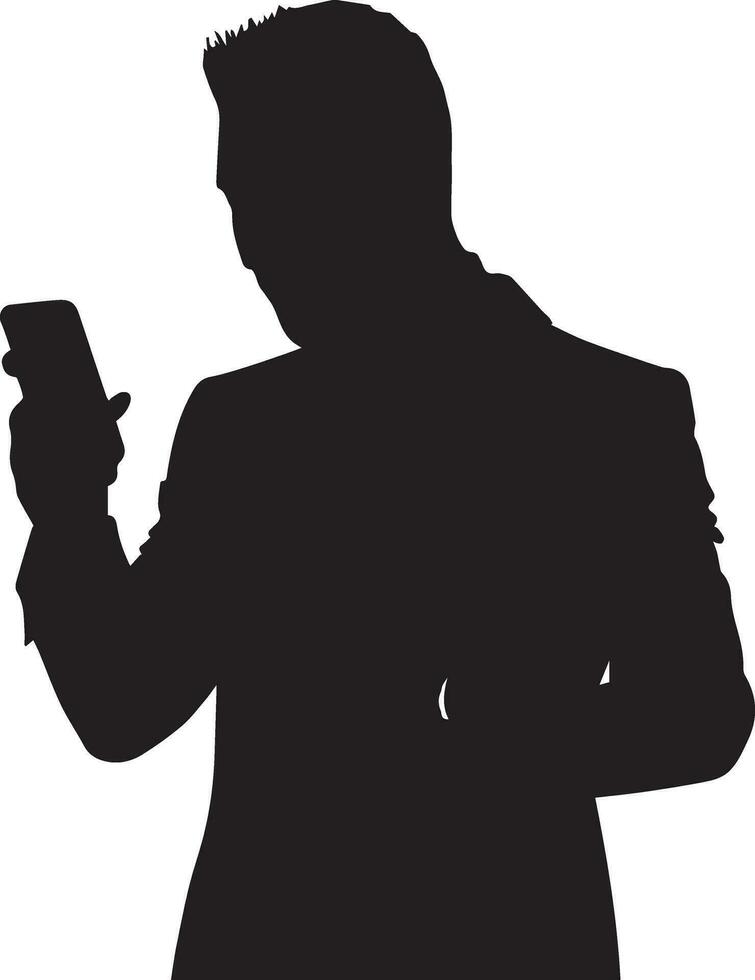 Business man Stand with cellphone vector silhouette