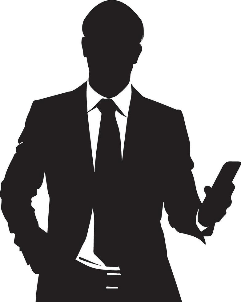 Business man Stand with cellphone vector silhouette