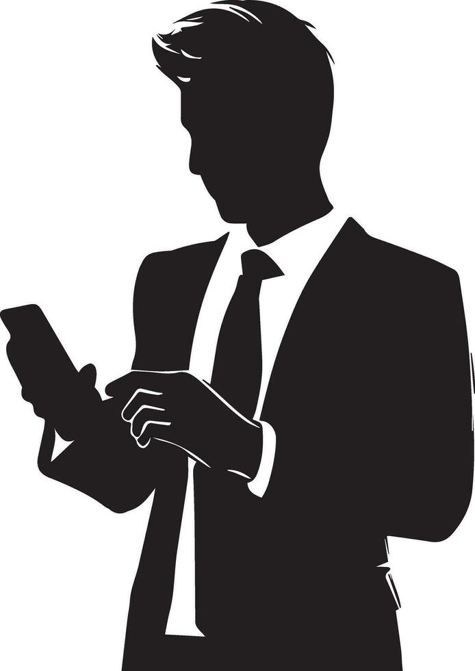 Business man Stand with cellphone vector silhouette