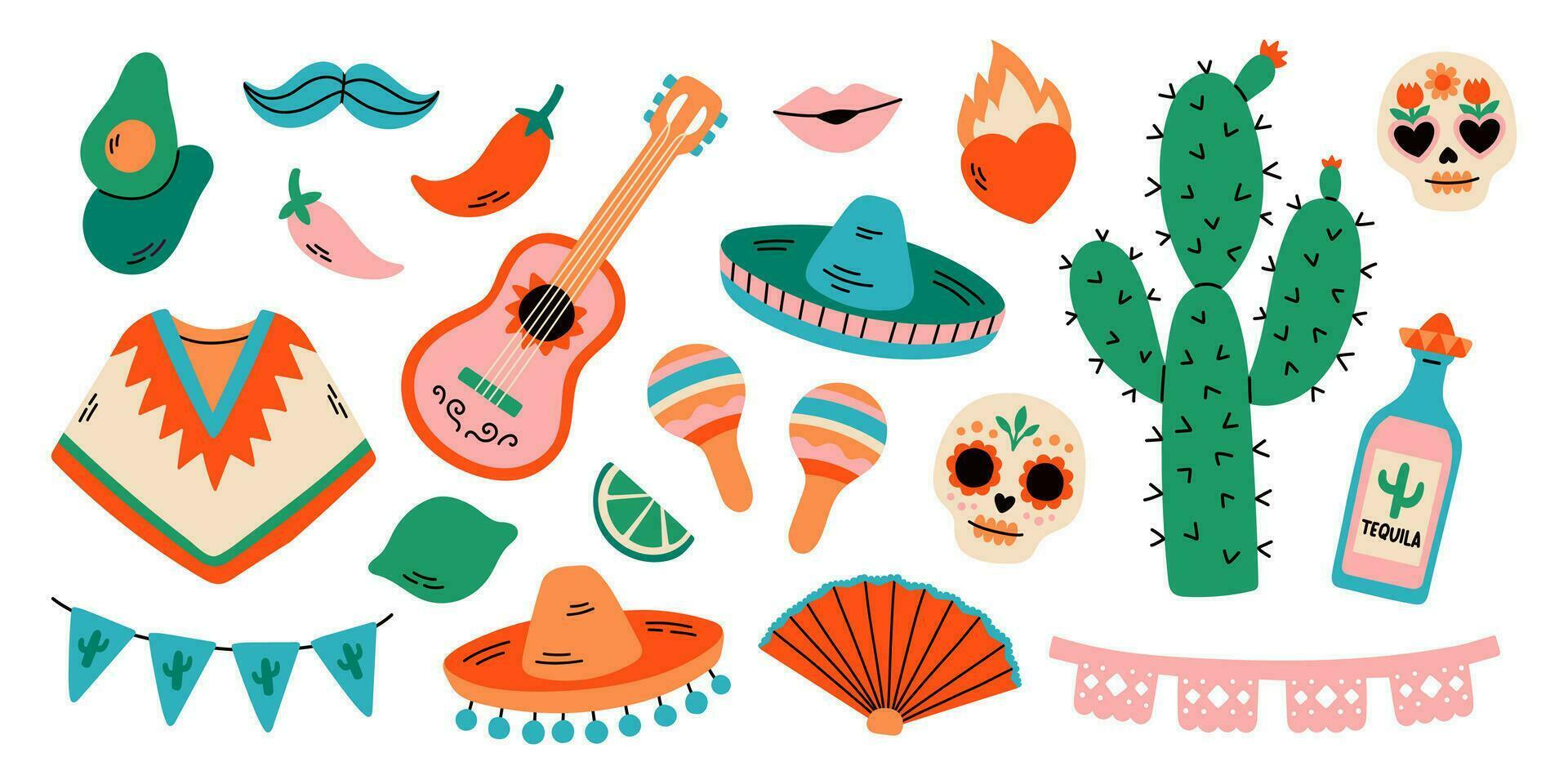 Mexican fiesta set, bright festival party decoration, Cinco de Mayo. Vector flat style fiesta illustration isolated on white background