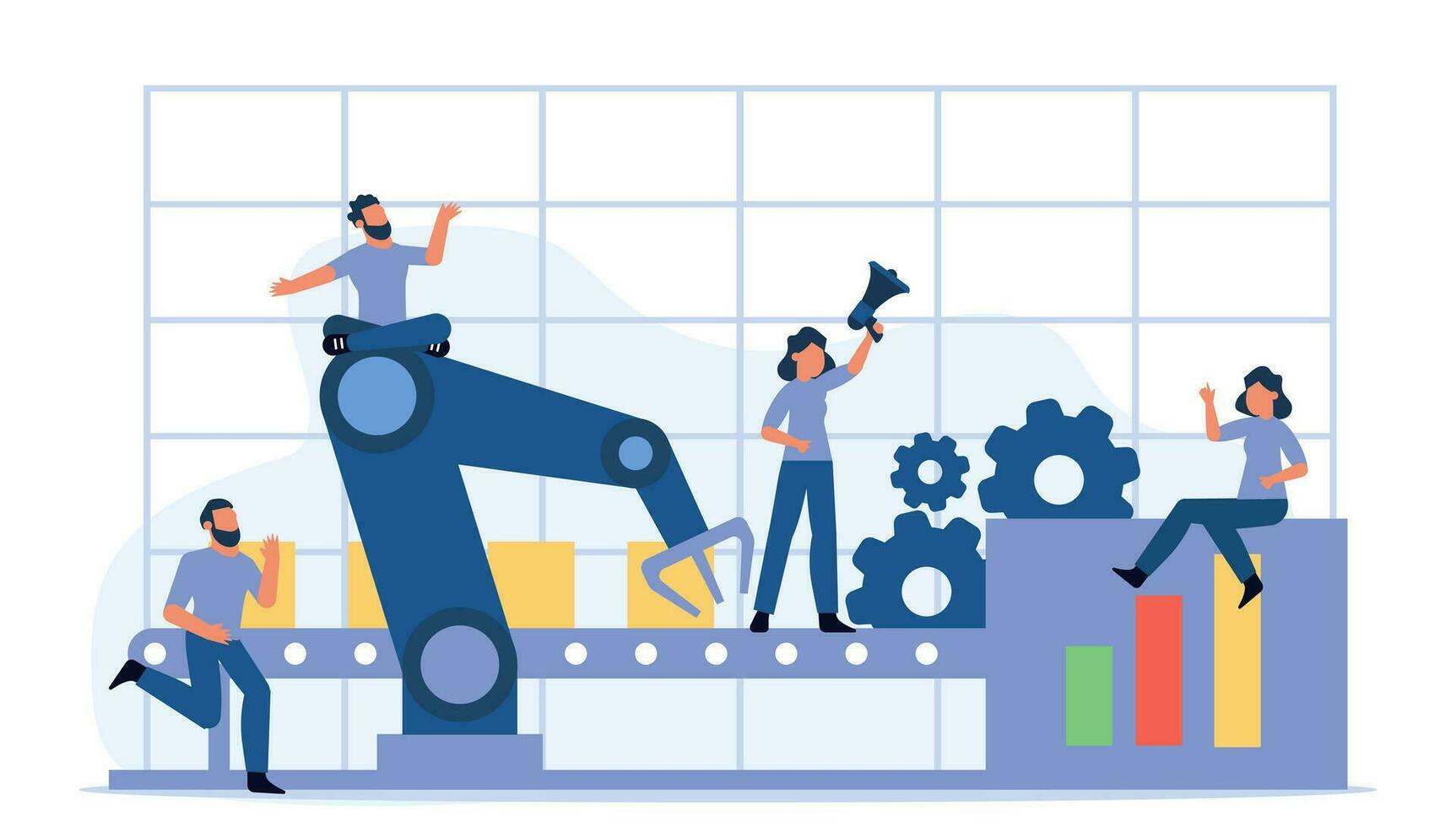 vector negocio industria robot fábrica concepto ilustración futuro proceso de producción con gráfico infográfico y personas. línea transportadora de máquina de tecnología de revolución inteligente. bienes de control del sistema robótico