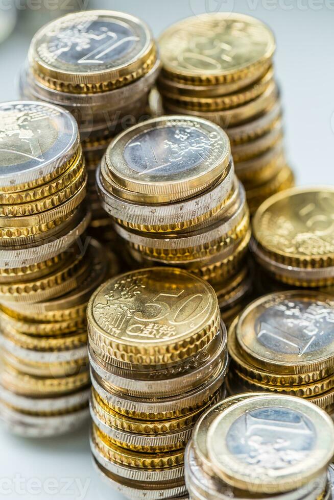 Towers with euro coins stacked together closeup 27543804 Stock Photo