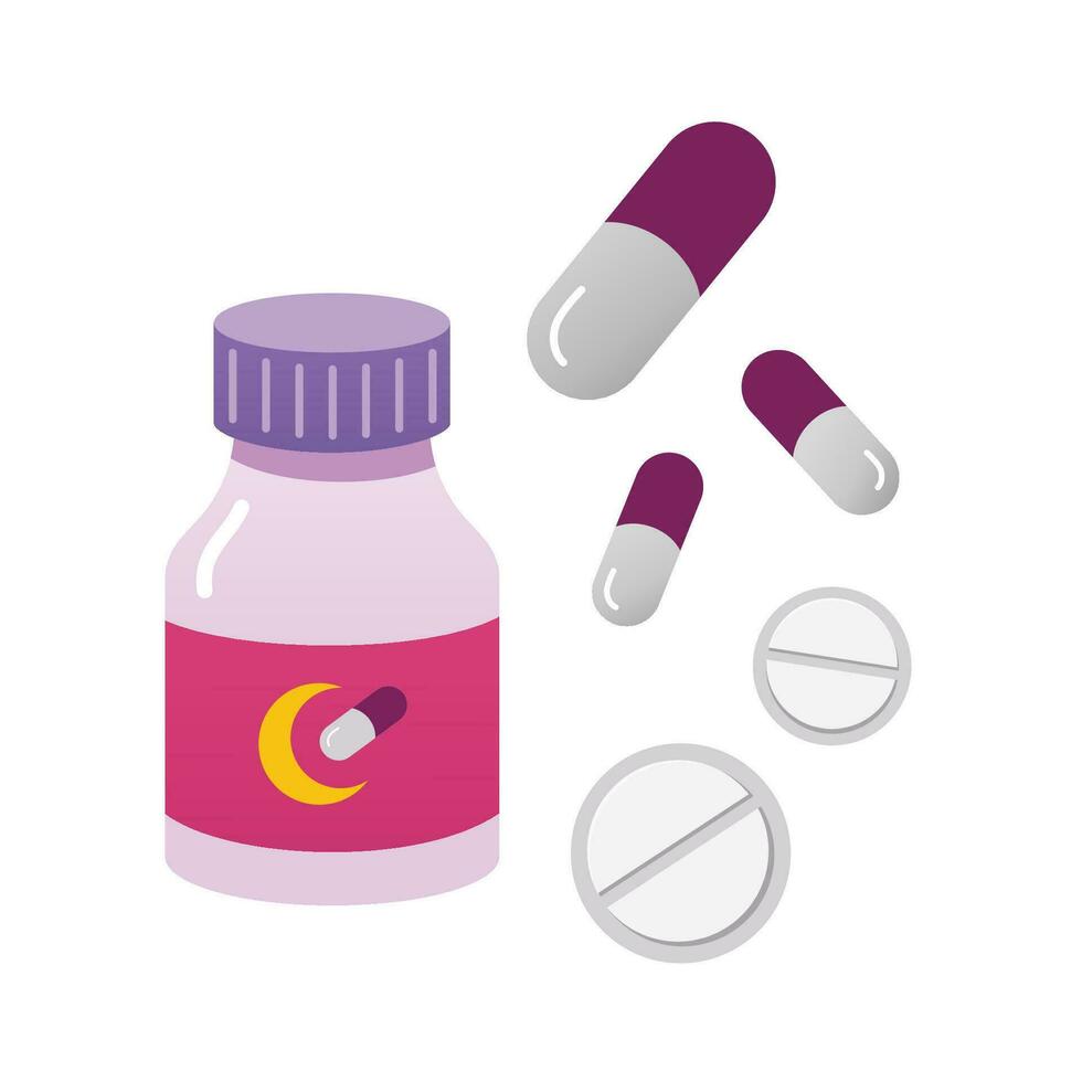 Bottle of sleeping pills. Dormitive tablets. pills for better sleeping. Cartoon illustration, flat design. Cartoon illustration, flat design. vector