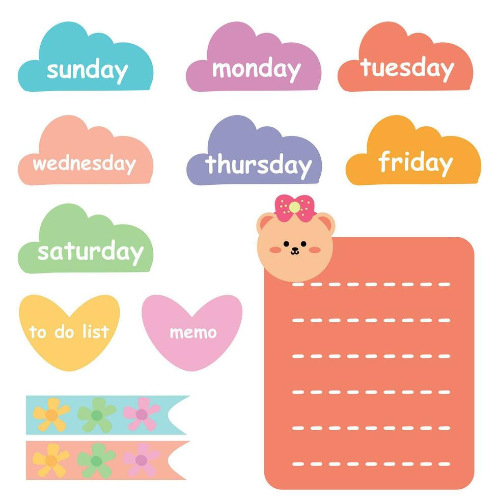 collection of weekly and daily planner sticker, notes, to do list, with lettering and cute icon. template for agenda, check list, stationery vector