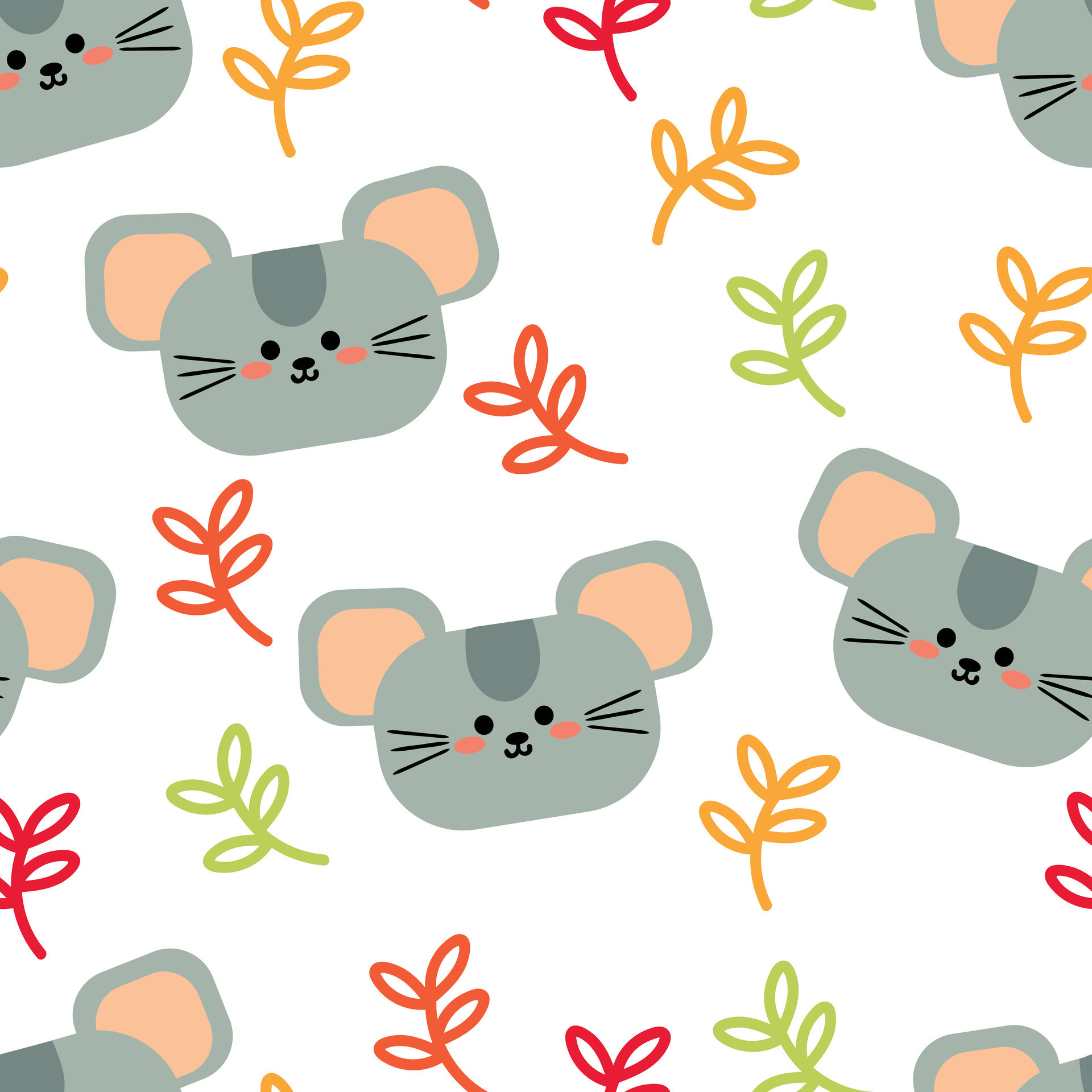Cute mice and leaves pattern, seamless cartoon background, vector