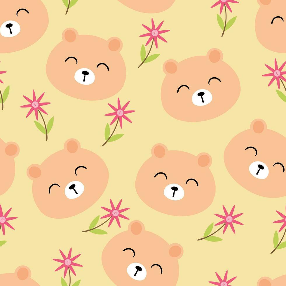 Cute bear pattern, with flowers, smile sunny face cartoon seamless background, vector illustration, wallpaper, textile, bag, garment, fashion design