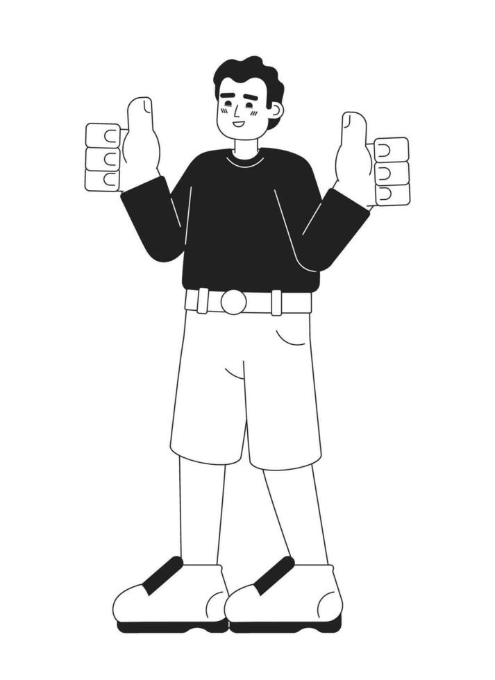 Satisfied young man monochromatic flat vector character. Thumbs up gesture. Everything all right. Editable thin line full body person on white. Simple bw cartoon spot image for web graphic design