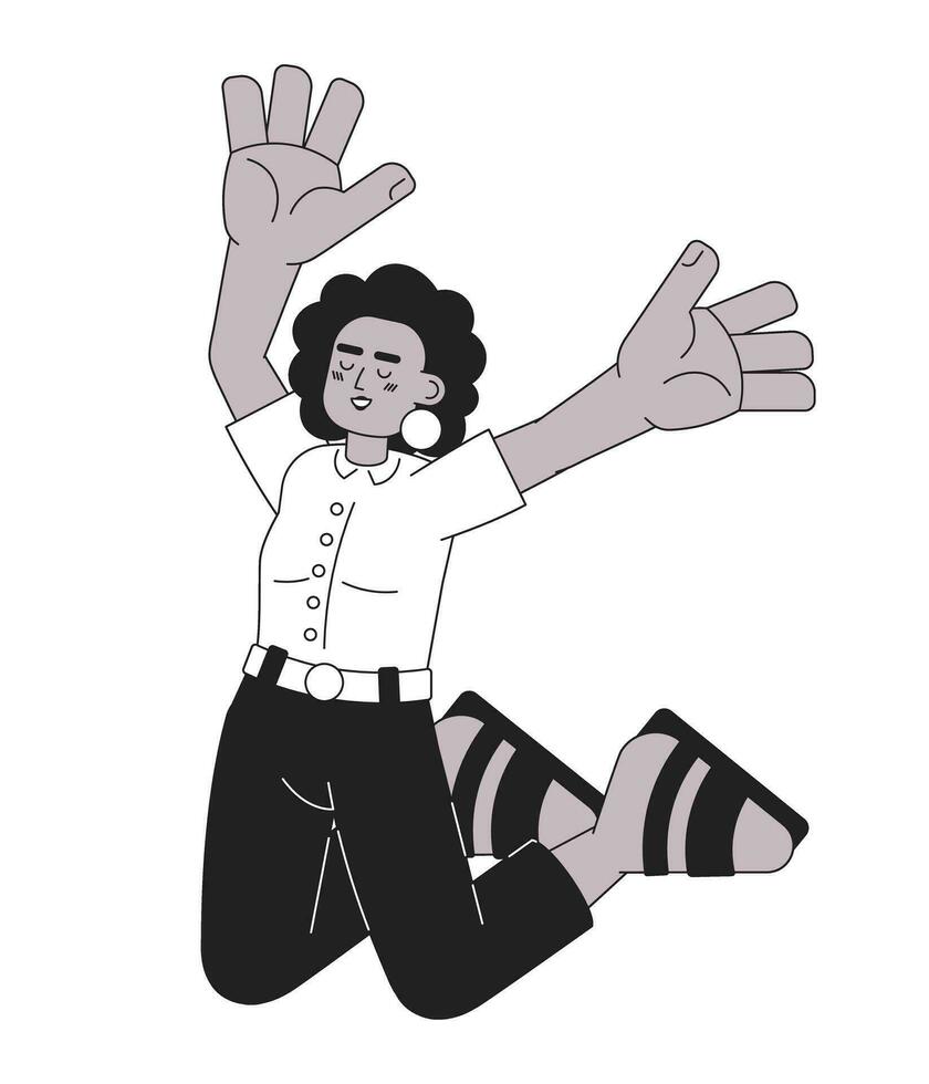 Ecstatic woman high up jumping monochromatic flat vector character. Attractive lady jump for joy. Editable thin line full body person on white. Simple bw cartoon spot image for web graphic design