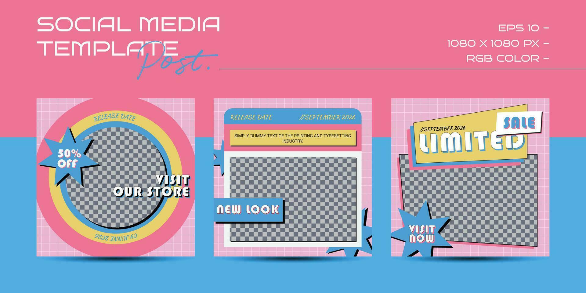 Linear vaporwave instagram post templates. Social media set design. Abstract retro aesthetic groovy backgrounds pack vector