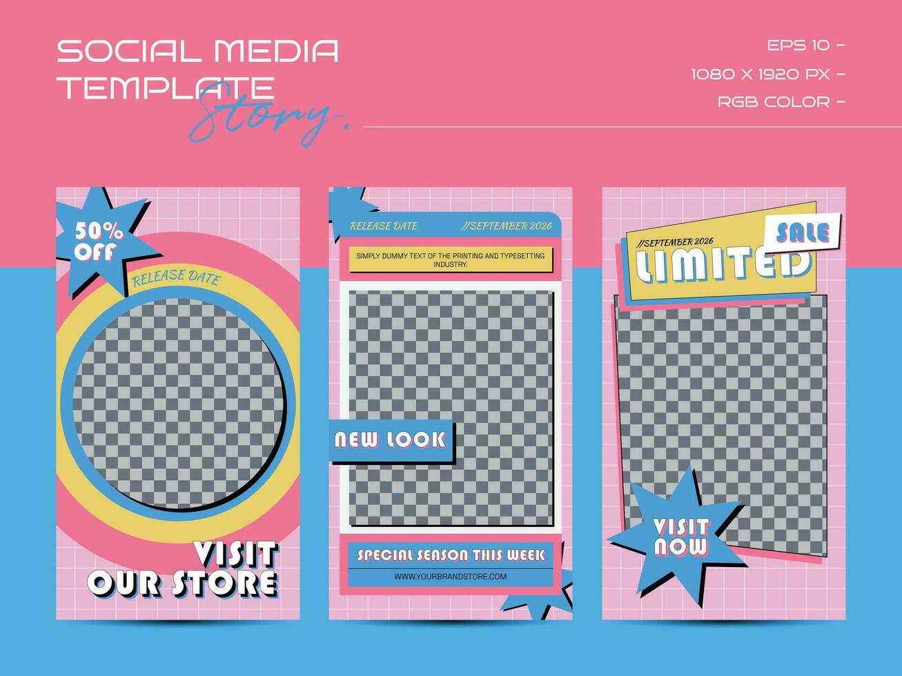 Linear vaporwave instagram post templates. Social media set design. Abstract retro aesthetic groovy backgrounds pack vector