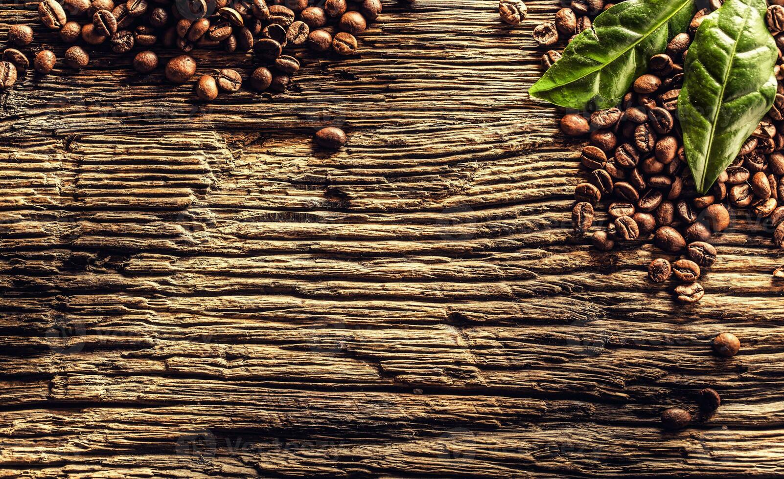 Top of view coffee beans and green leaves on rustic oak table photo