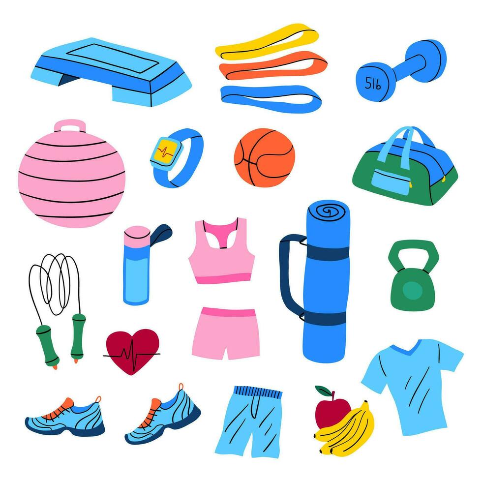 Cartoon Color Various Sport Equipment Fitness Icons Set. Vector