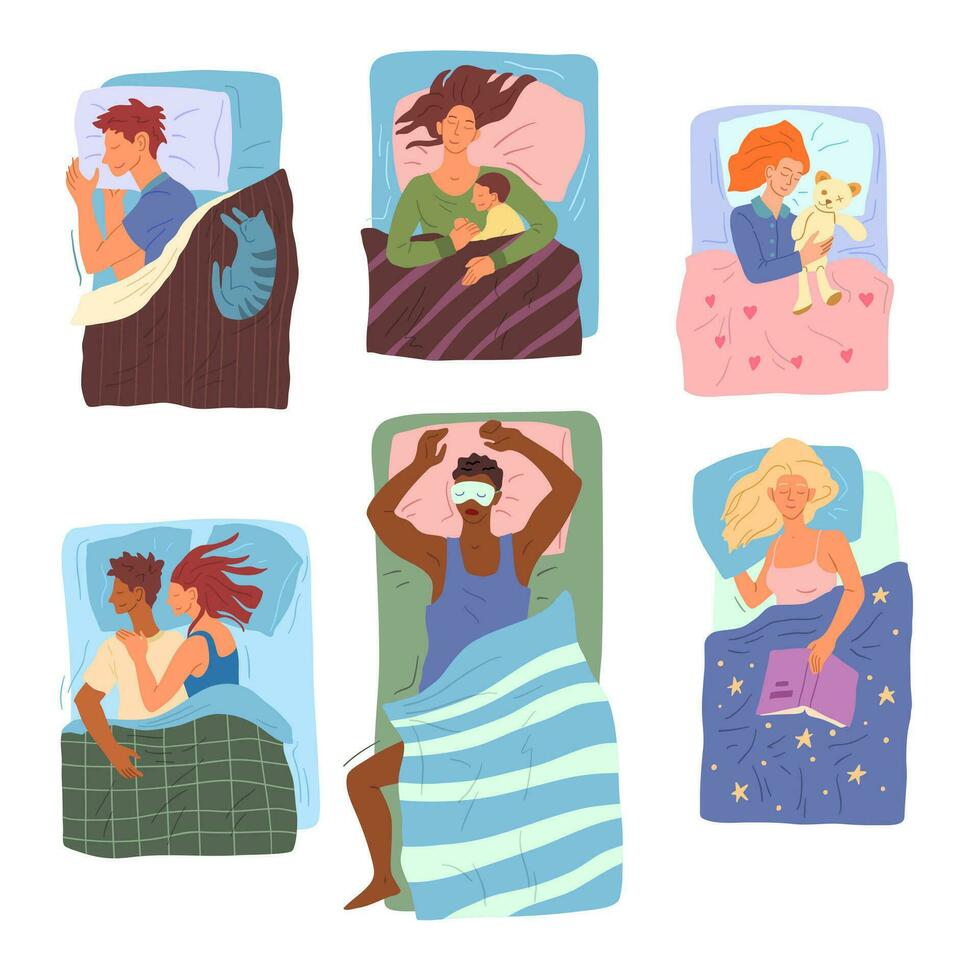 Cartoon Color Characters People Sleeping in Beds Concept. Vector