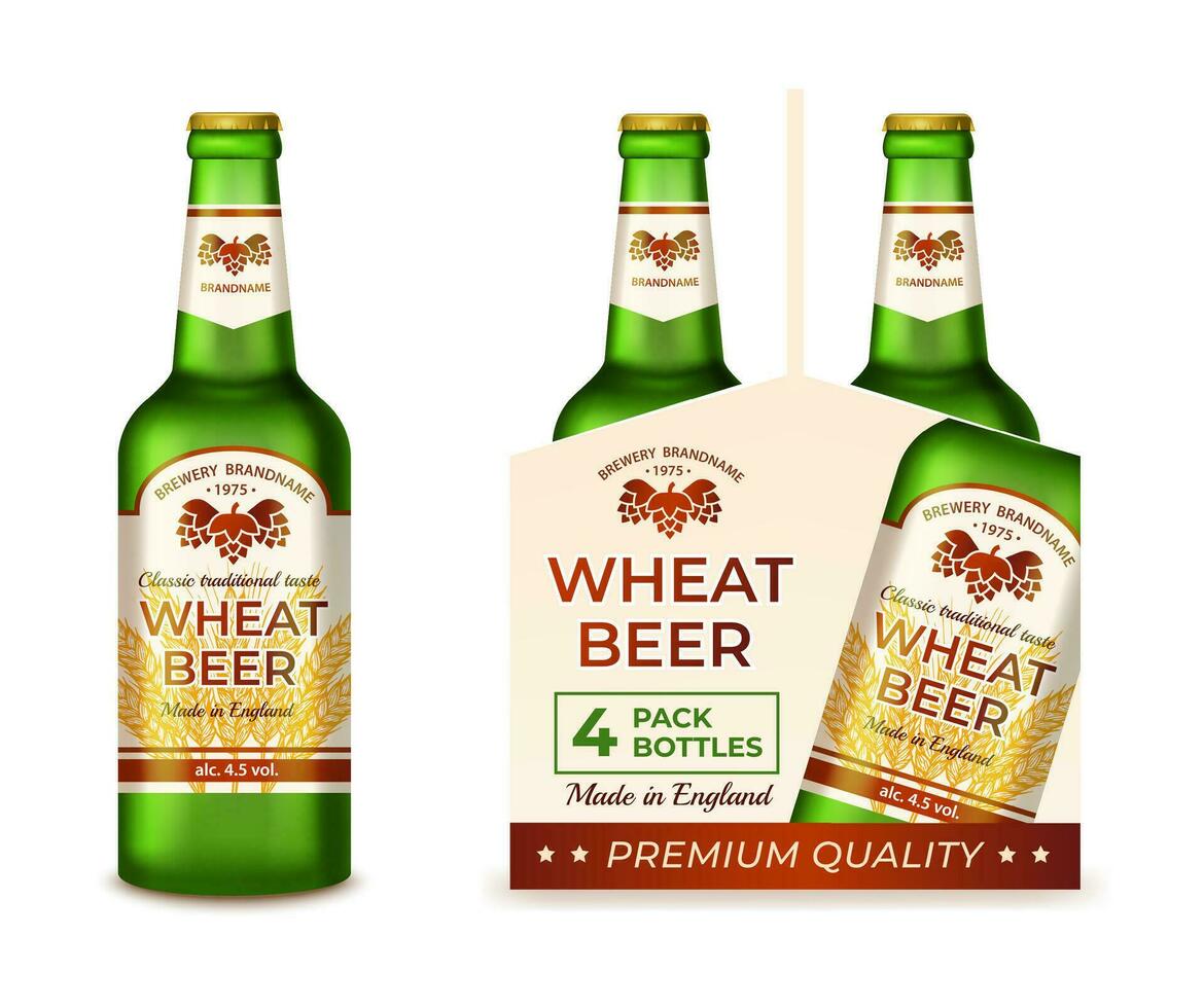 Realistic Detailed 3d Gren Glass Beer Bottle and Carrier Packaging Box Set. Vector