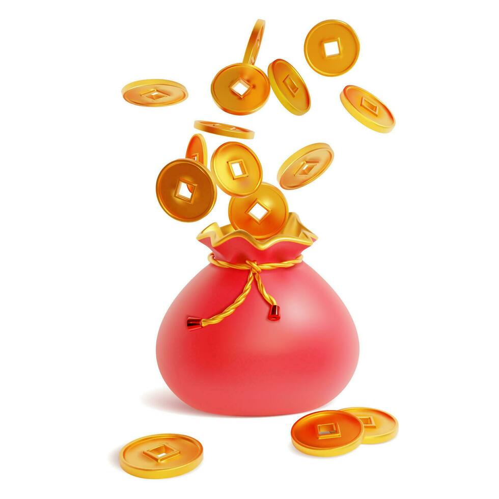 Realistic Detailed 3d Red Lucky Bag Full of Gold Coins. Vector