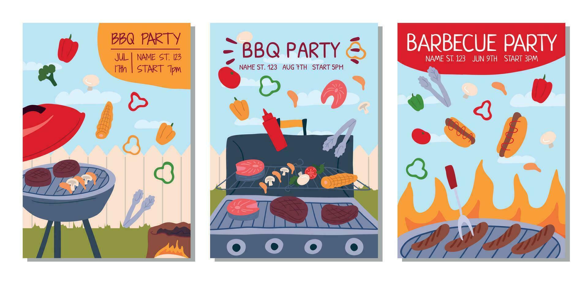 Cartoon Color BBQ Party Concept Banner Poster Card Set. Vector