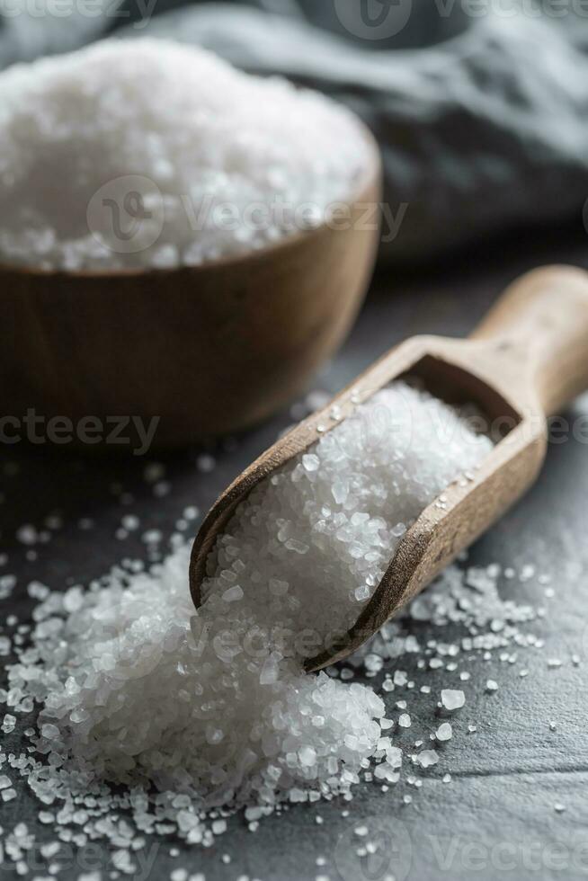 Crystaline sea salt in bowl and spoon - closeup photo