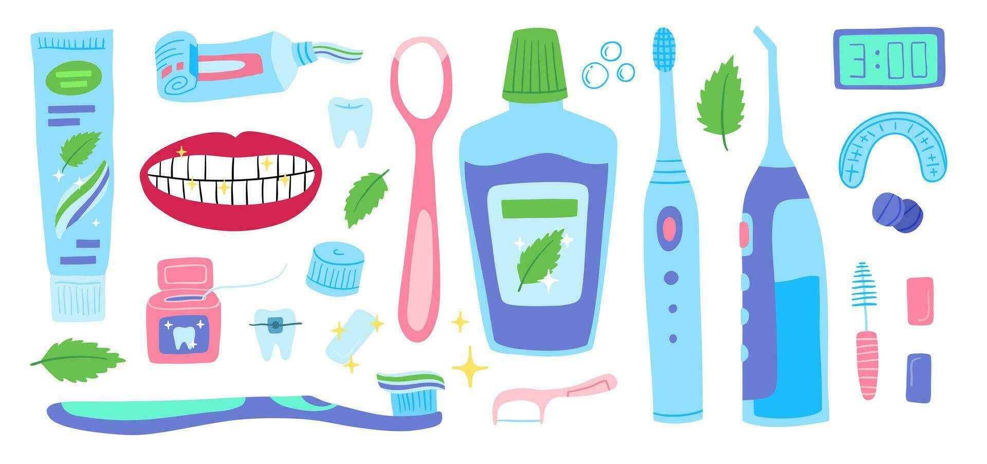 Cartoon Color Mouth Cleaning Tools Icons Set. Vector