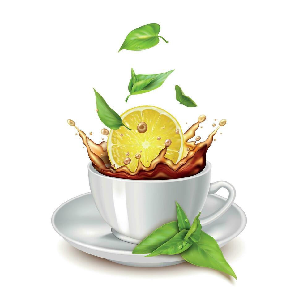 Realistic Detailed 3d Lemon Slice Falling in Tea Cup. Vector