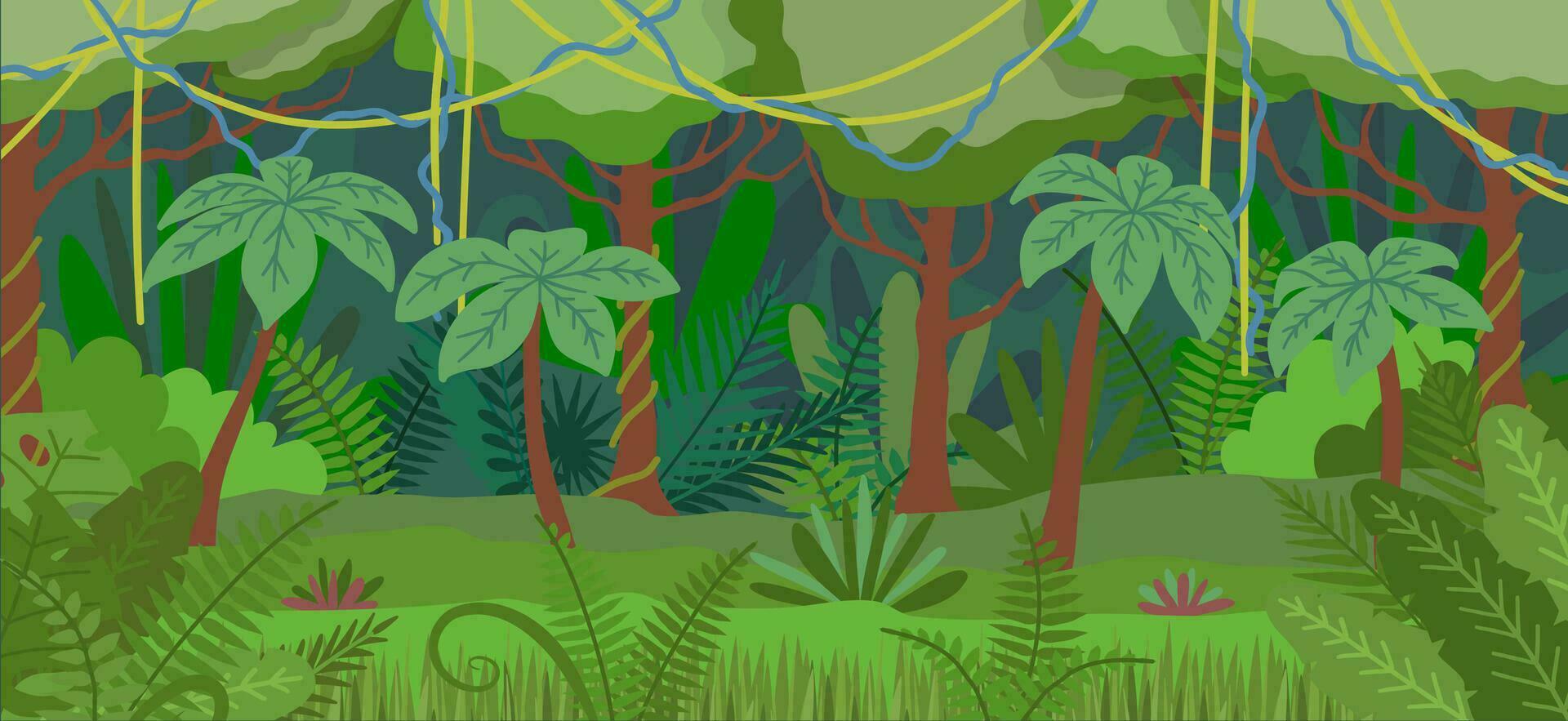 Cartoon Color Tropical Jungle Landscape Scene Concept. Vector