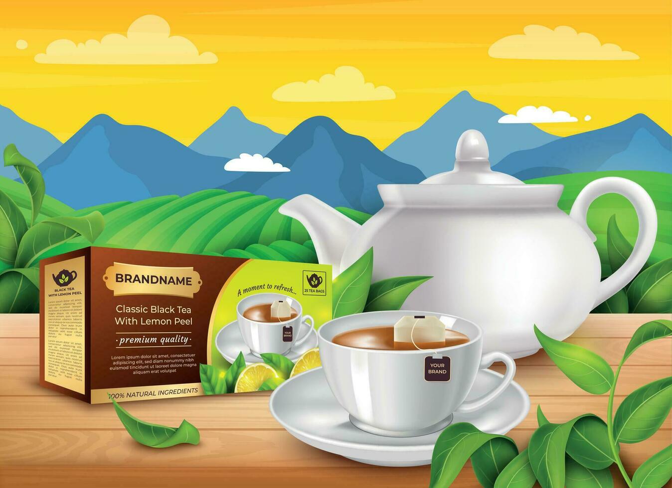 Realistic Detailed 3d Classic Black Tea with Lemon Peel Ads Banner Template Concept Poster Card. Vector