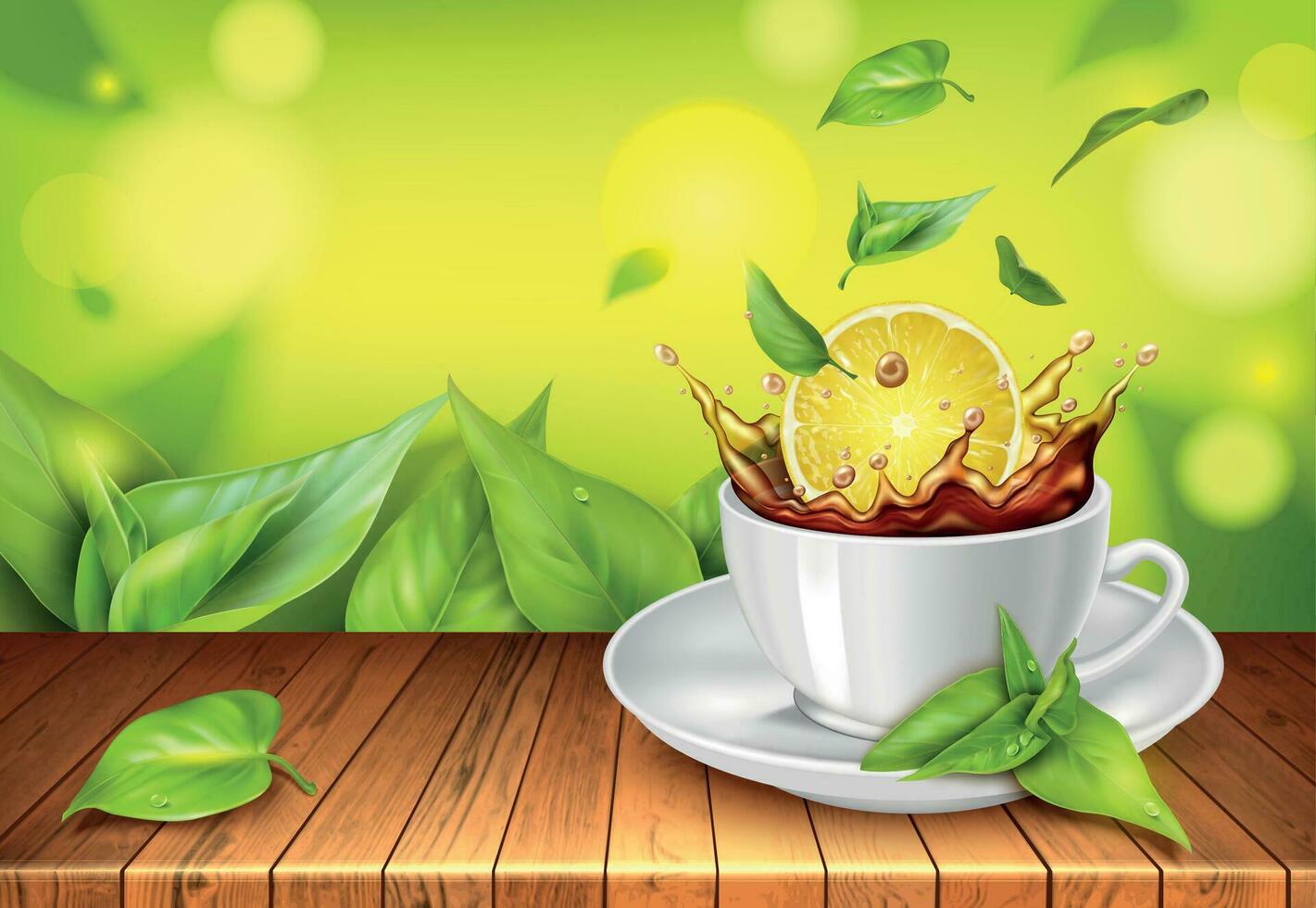 Realistic Detailed 3d Black Tea with Lemon Concept Background. Vector