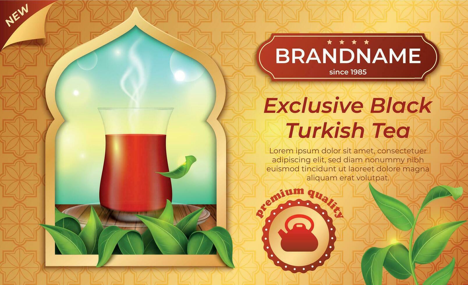 Realistic Detailed 3d Exclusive Black Turkish Tea Ads Banner Concept Poster Card. Vector